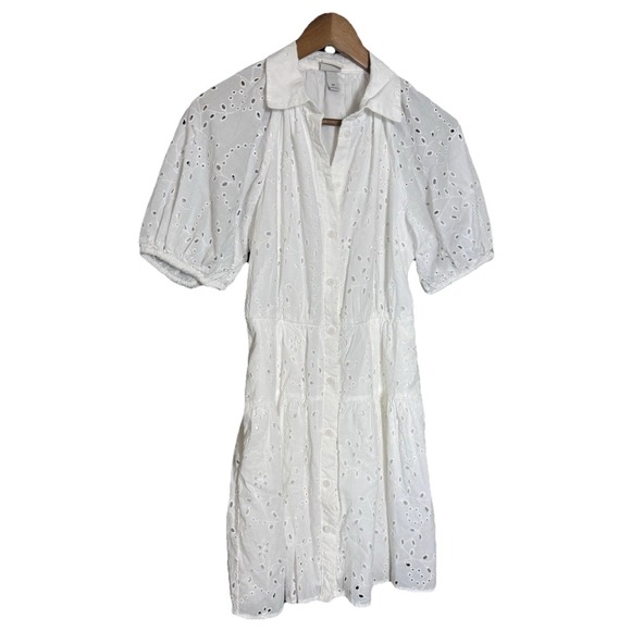 A New Day Eyelet Balloon Short Sleeve Mini Shirt Dress XS White Flaw‎ Beachy - Picture 1 of 10